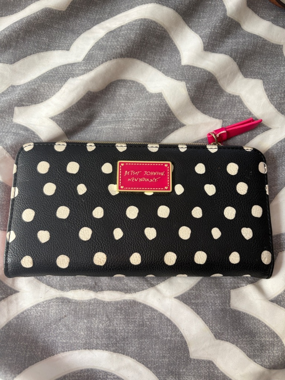 Betsey Johnson Black and White Polka Dot Zip Wallet with Hot Pink Accents